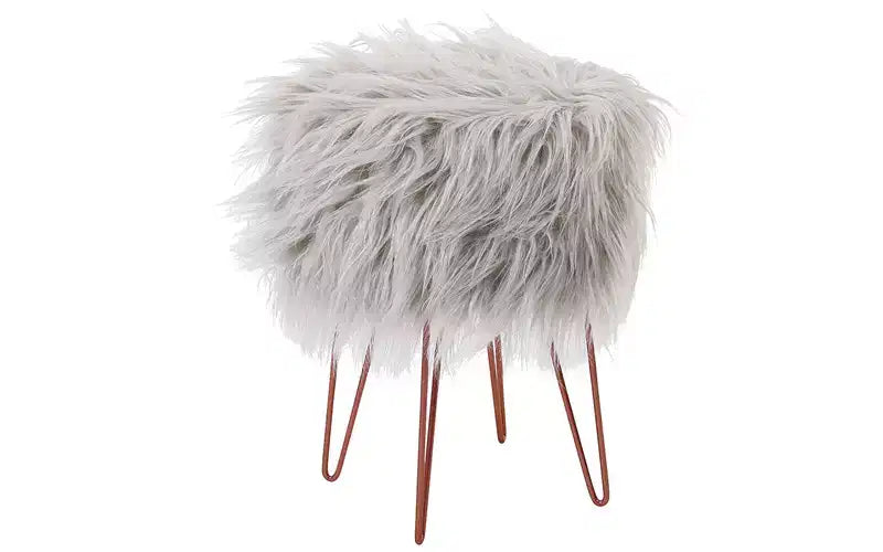 Faux Fur Foot Stool Ottoman with Hair Pin Legs - Silver